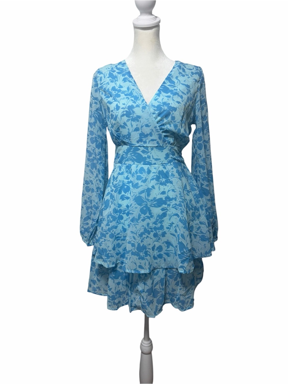 Jopna Blue Floral Tiered Wrap Dress Long Sleeve Tie Waist Size M